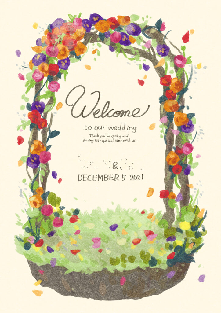 結婚式ウェルカムボード 招待状 オリジナル切手 結婚報告はがきイラスト 葉月しあポートフォリオサイト
