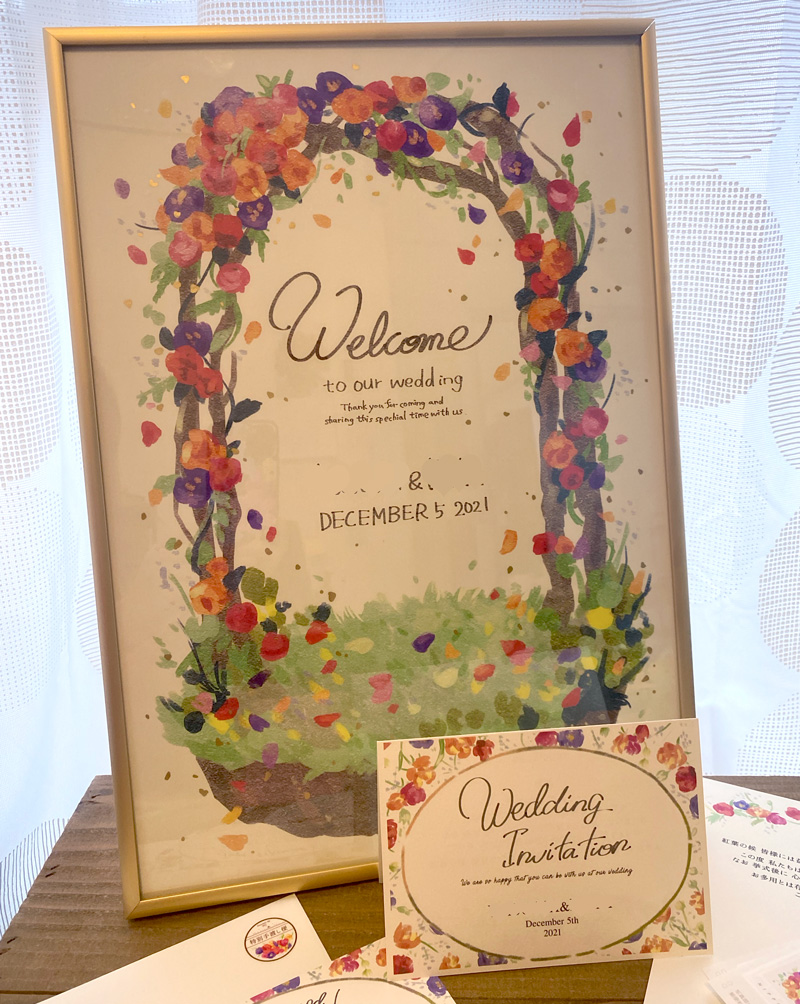 結婚式ウェルカムボード 招待状 オリジナル切手 結婚報告はがきイラスト 葉月しあポートフォリオサイト