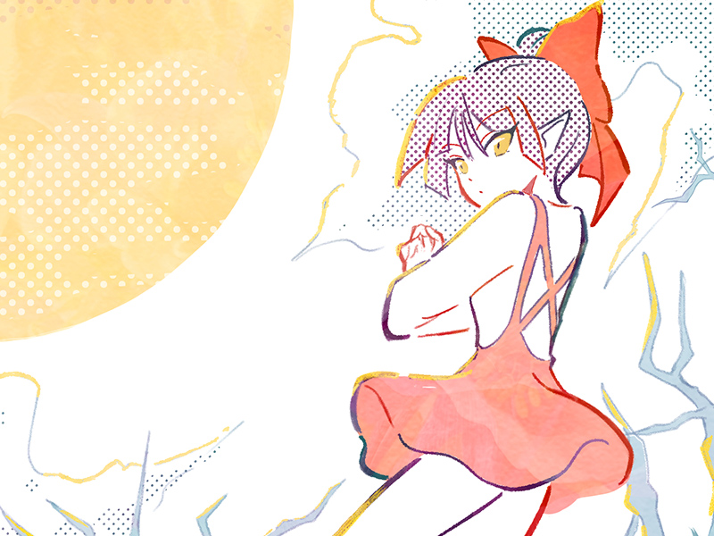 「ゲゲゲの鬼太郎」のねこ娘を現代的なスタイルで描いたポップなイラスト。ピンクのミニドレスに大きな赤いリボン、赤いハイヒールを着用し、枯れ木のような森に立ってポーズをとっている。大きな黄色い太陽が背景にあり、ドットパターンやテクスチャを多用した躍動感のある仕上がりです。右下に作者のサインがあります。