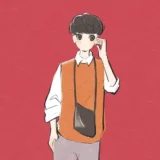 シャツとベスト、肩掛けバッグのコーディネートの男性のファッションイラスト。レッドの背景でシンプルタッチ
